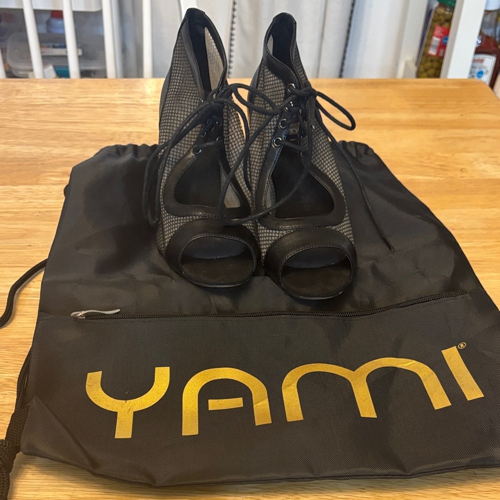 Yami Black Lace-Up Peep-Toe Heels